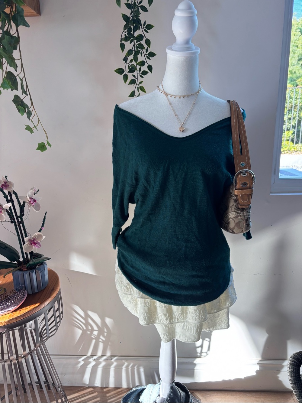 Express Off-the-Shoulder Dark Green V-Neck Sweater